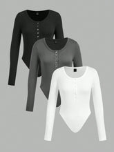 3pcs/Set Women Solid Color Knit Button Half Open Front Long Sleeve Casual Bodysuit, Autumn/Winter